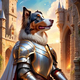 australian shepherd as a medieval knight in a majestic castle, ethereal and painterly style.