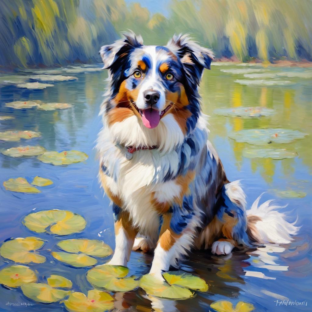 australian shepherd in the style of monet, featuring delicate brush strokes and a classic, artistic appearance.