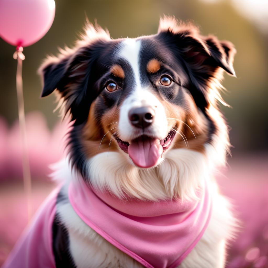 australian shepherd dressed in pink clothing, in a beautiful pink scene, radiating joy and cuteness.