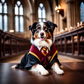 australian shepherd as harry potter, with glasses and hogwarts setting, capturing the magical and epic essence.