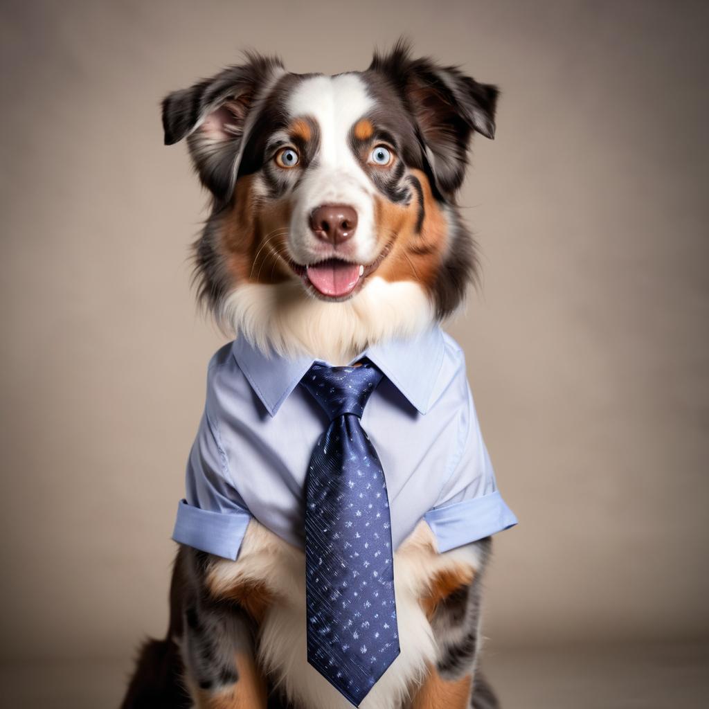 australian shepherd in a stylish shirt and tie, with a diffused background, capturing their cute and professional side.