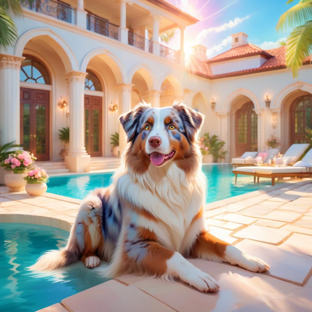 australian shepherd suntanning next to a luxurious villa pool, capturing a posh and magical moment.