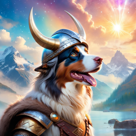 australian shepherd as a viking, wearing traditional armor and helmet, in a magical viking environment.