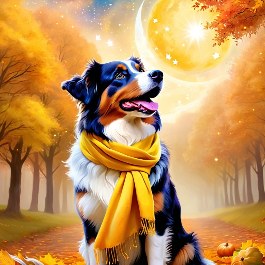 australian shepherd in a yellow scarf, ethereal and magical style.