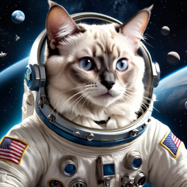 balinese cat as astronaut in space, wearing spacesuit, highly detailed and lifelike.