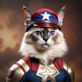 balinese cat as captain america from avengers, lifelike and highly detailed.