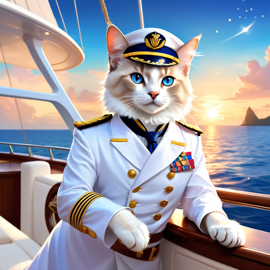 balinese cat as a captain on a luxury yacht, wearing captain uniform, ethereal and majestic.