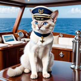 balinese cat as a captain on a luxury yacht, wearing captain uniform, highly detailed.