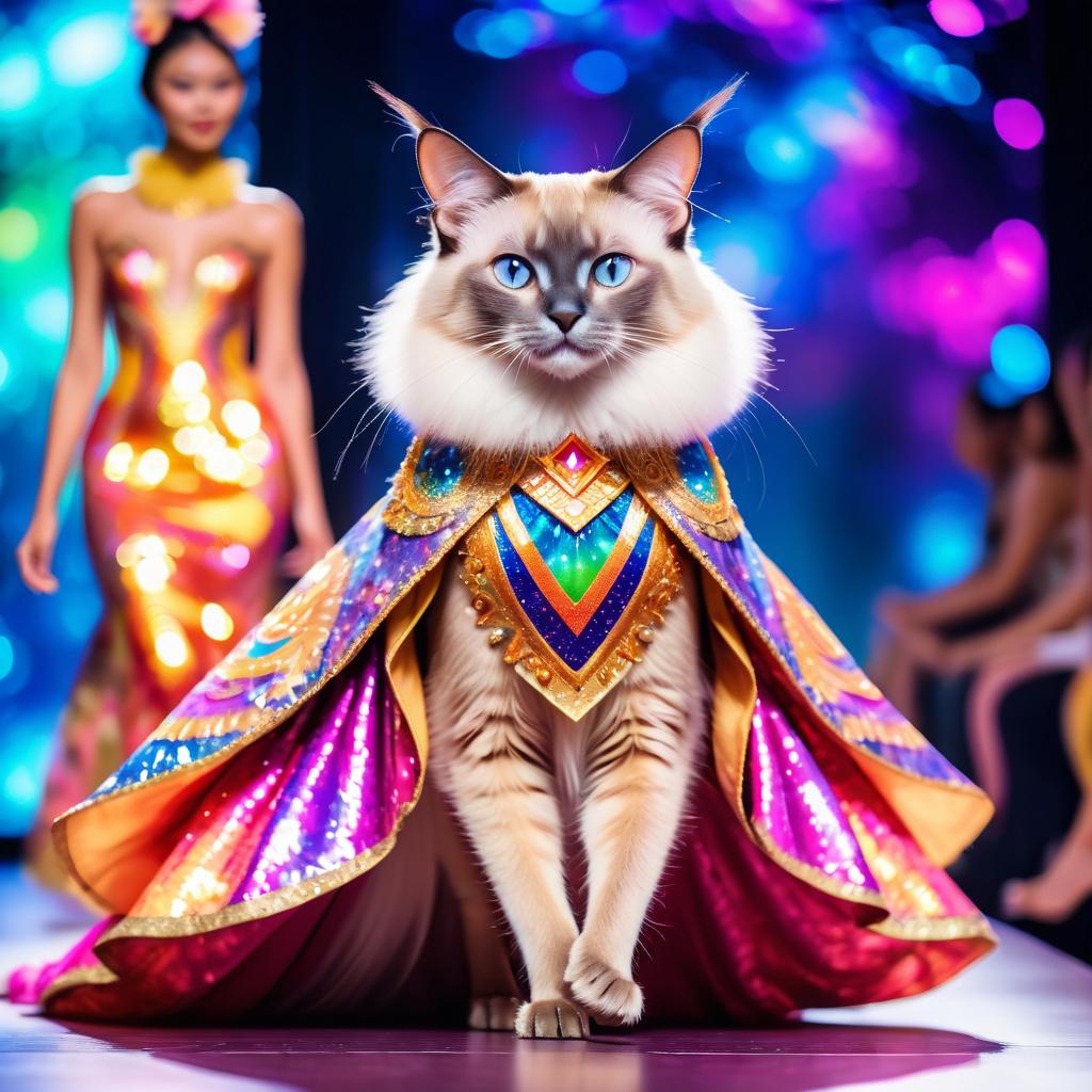 balinese cat strutting down the fashion show catwalk stage in an extravagant cosmic-themed outfit with iridescent fabrics, high energy and extravagant.