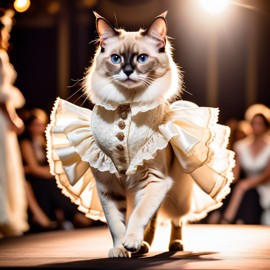 balinese cat strutting down the fashion show catwalk stage in a vintage victorian outfit with lace and ruffles, high energy and majestic.