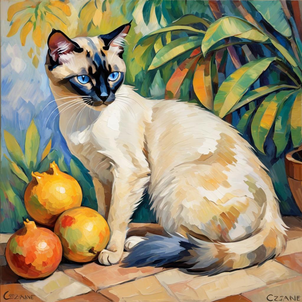 balinese cat in the style of cezanne, highlighting classic brush strokes and an elegant, timeless look.