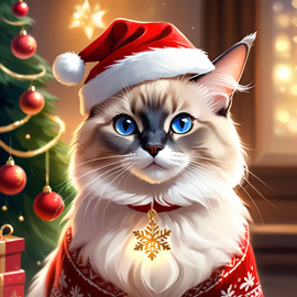 balinese cat in a christmas sweater and santa hat, ethereal and magical.