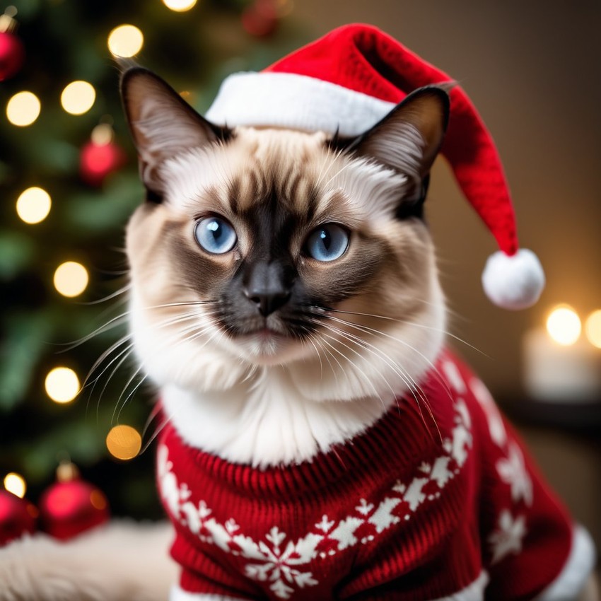 balinese cat in a christmas sweater and santa hat, festive and detailed.