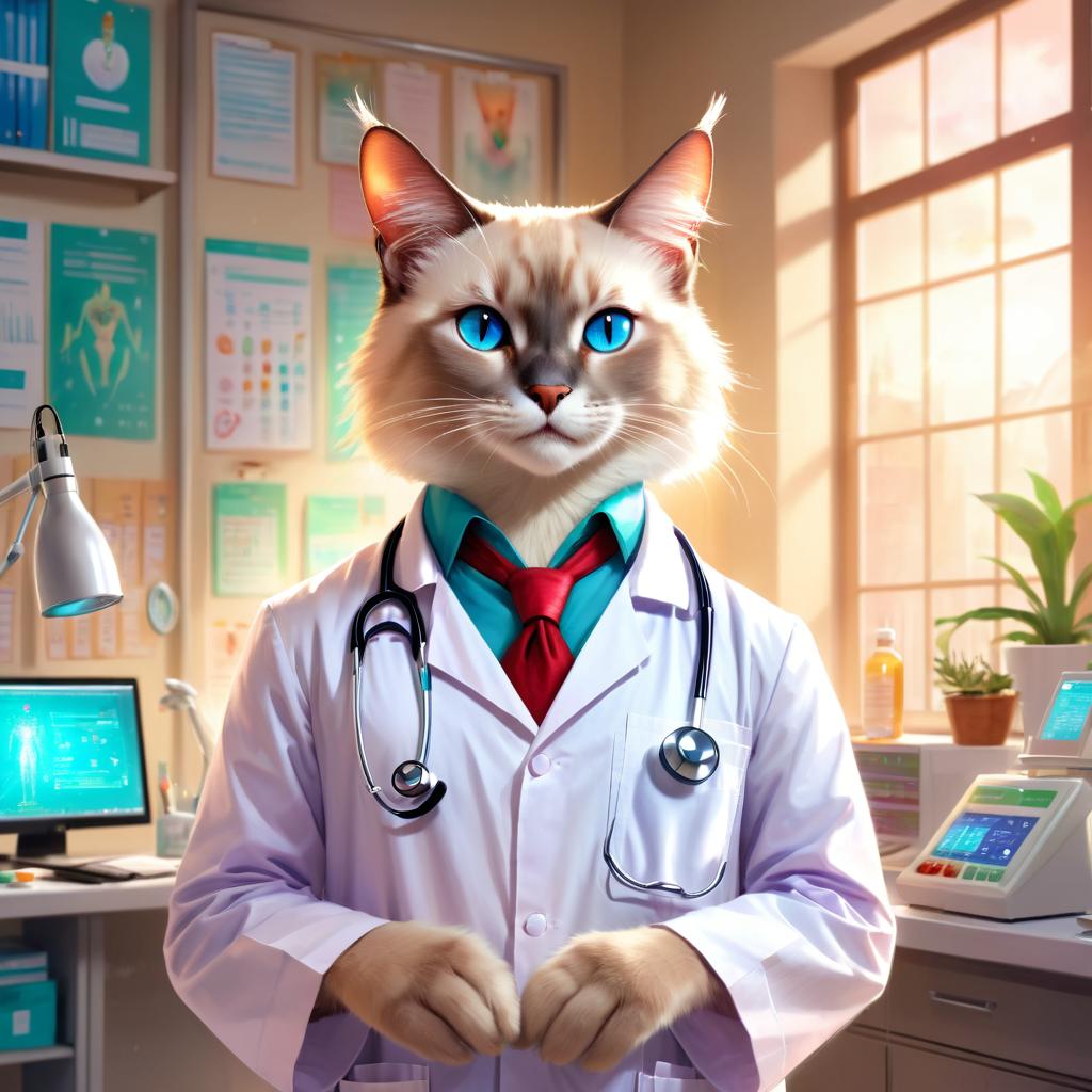 balinese cat as a doctor in a magical hospital setting, ethereal and dreamy with celestial details.