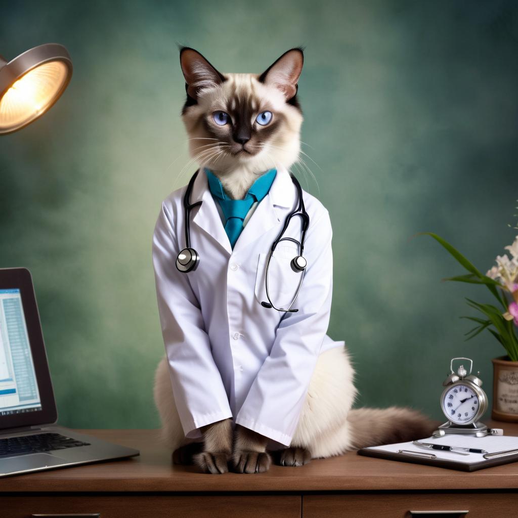 balinese cat as a doctor with extreme detail in a studio setting, lifelike and high resolution.