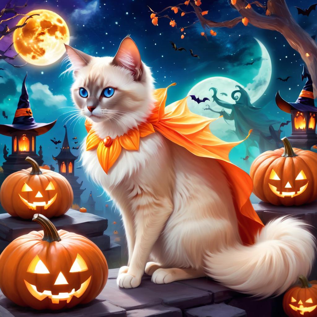 balinese cat in a halloween costume, with a magical and ethereal atmosphere surrounded by pumpkins.