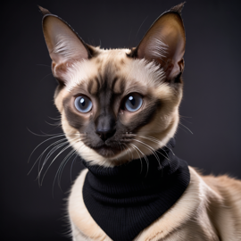 professional headshot of balinese cat wearing a black turtleneck for a cv or linkedin, studio photo.