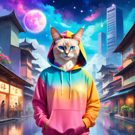 balinese cat in a colorful hoodie, with a magical urban background highlighting a cute and happy vibe.