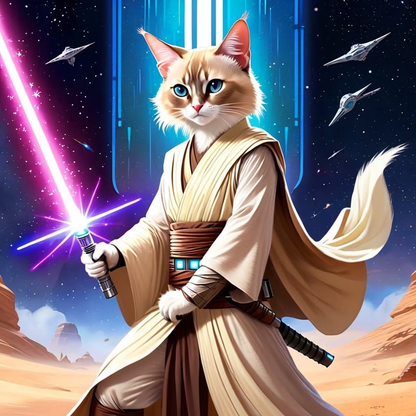 balinese cat as a jedi knight, with a lightsaber and star wars backdrop in a celestial, painterly style.