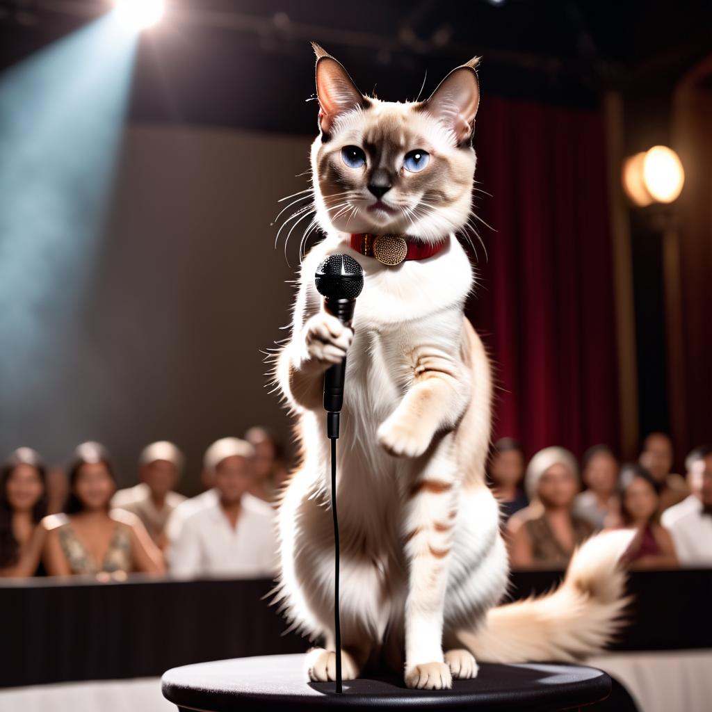 balinese cat as a keynote speaker on stage, dressed elegantly, holding a microphone, exuding charisma and confidence.