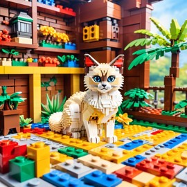 watercolor painting of balinese cat as lego bricks, vibrant and detailed in a playful lego environment.