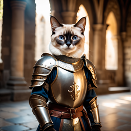 balinese cat as a medieval knight in a cinematic film still, detailed armor, set in a grand medieval castle.