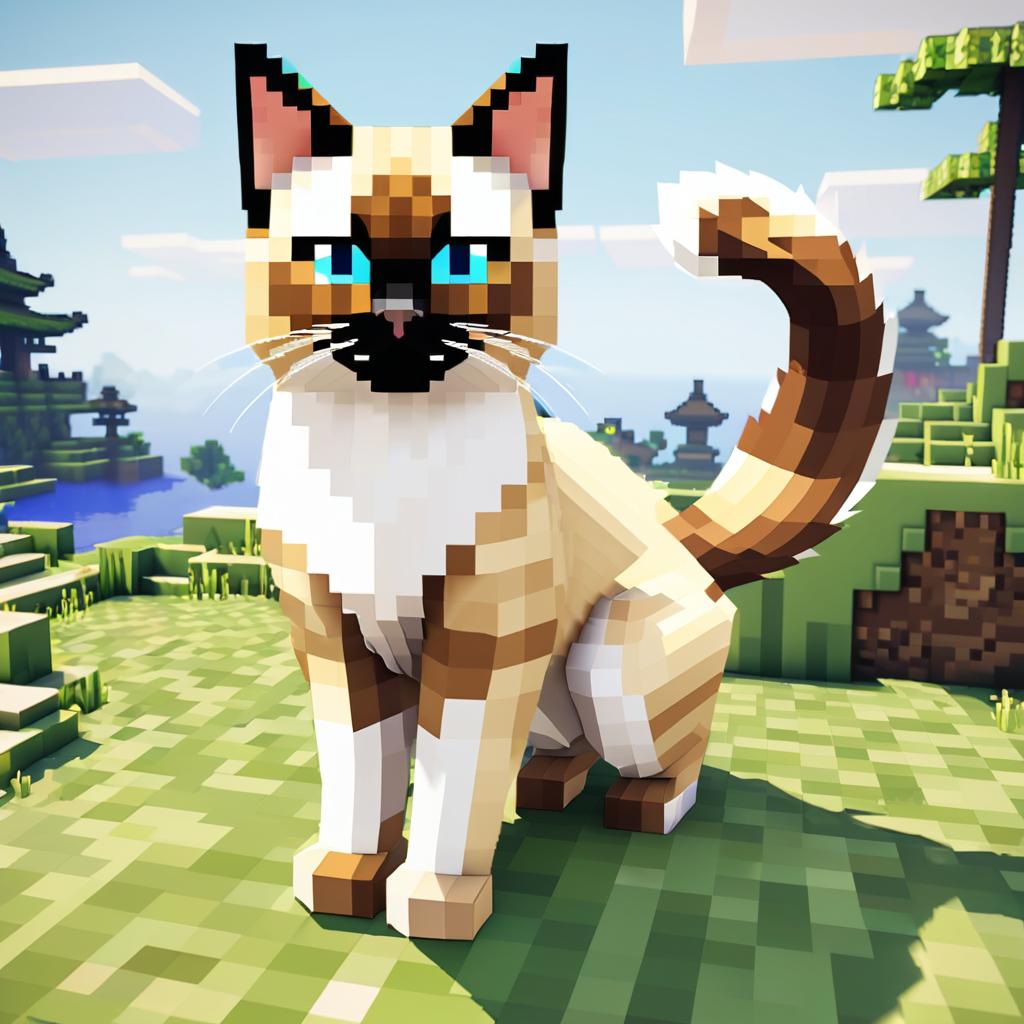 balinese cat as a minecraft character in pixel graphics, capturing the charm of the blocky minecraft universe.