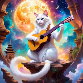 balinese cat as a musician in an ethereal fantasy setting, playing guitar with a majestic and magical touch.