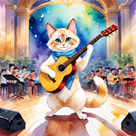 balinese cat as a musician in a watercolor painting, playing guitar in a vibrant and detailed concert hall scene.