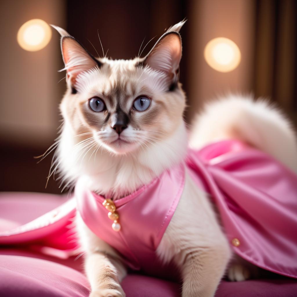 balinese cat dressed in pink clothing, in a beautiful pink scene, radiating joy and cuteness.