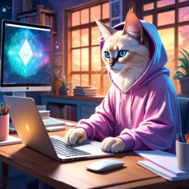 balinese cat as a programmer, working on a laptop in a hoodie, capturing a cute and magical moment.