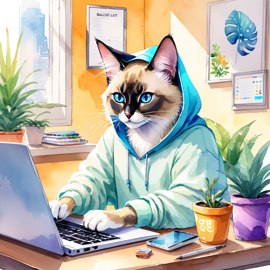 watercolor illustration of balinese cat as a programmer, working on a laptop in a hoodie, capturing a cute and vibrant scene.