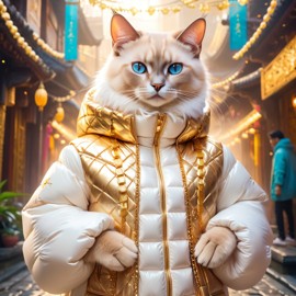 balinese cat in a white puffer coat with golden hip hop chains, in a posh urban environment, looking cute and happy.