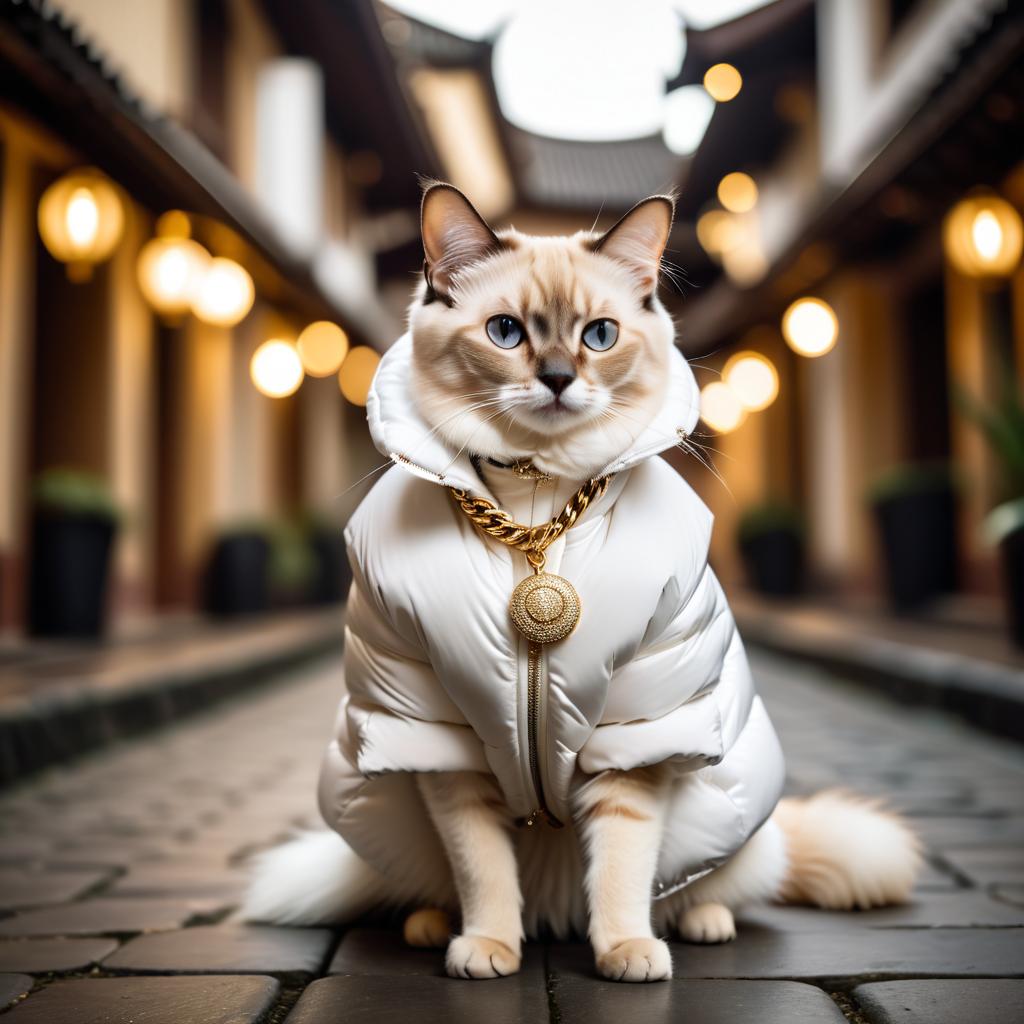 balinese cat in a large white puffer coat with golden hip hop chains, set in a posh urban environment.