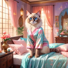 balinese cat in cute pyjamas, relaxing in a posh bedroom, capturing an ethereal and happy moment.