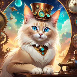 balinese cat in a steampunk style, cute and happy, with a magical and painterly quality.