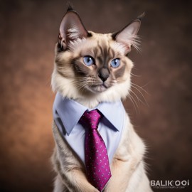 balinese cat in a stylish shirt and tie, with a diffused background, capturing their cute and professional side.