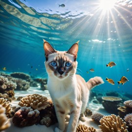 balinese cat swimming in a vibrant blue ocean with fish and coral reef, capturing a sunny and happy underwater scene.