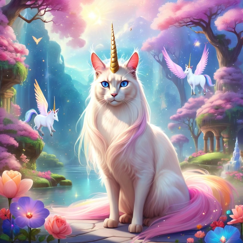 balinese cat as a unicorn in a magical fairytale environment, capturing an ethereal and majestic scene.