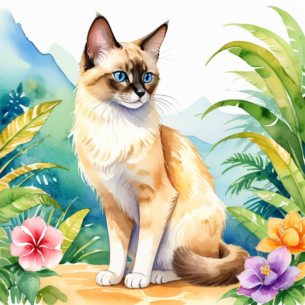 watercolor illustration of balinese cat in children's book style, vibrant and detailed, drawn by don freedman.