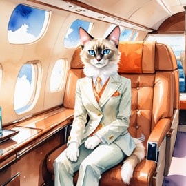 watercolor illustration of balinese cat in a gulfstream private jet, dressed in elegant clothing, capturing a posh and vibrant scene.