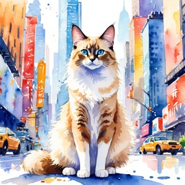 balinese cat in new york, rendered in a vibrant watercolor illustration, with a highly detailed and happy depiction.