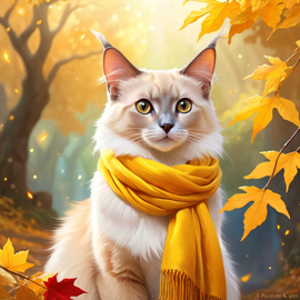 balinese cat in a yellow scarf, ethereal and magical style.