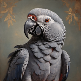 baroque oil painting of african grey parrot bird with soft lighting in diego velazquez style, elegant and sophisticated.