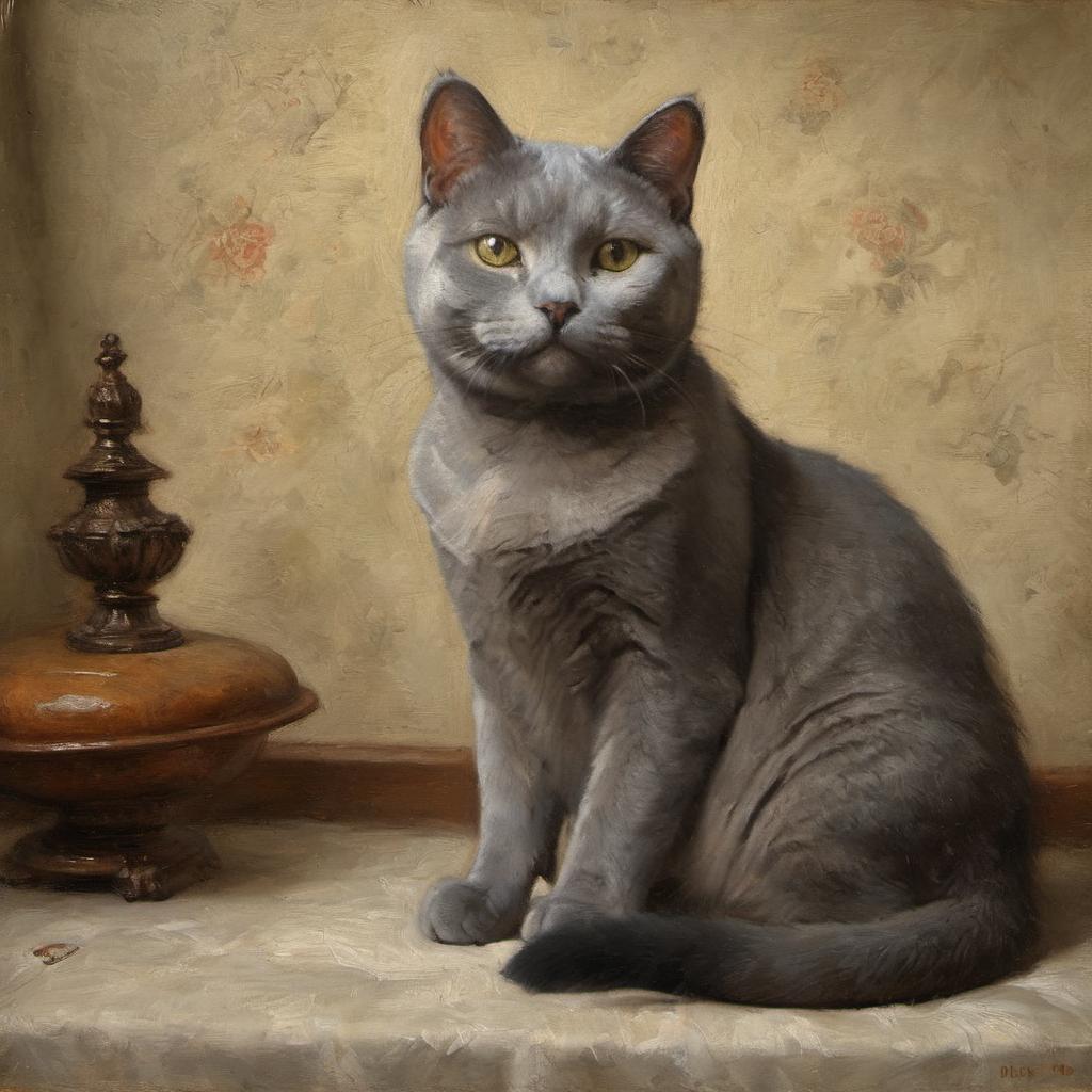 baroque oil painting of chartreux cat with soft lighting in diego velazquez style, elegant and sophisticated.