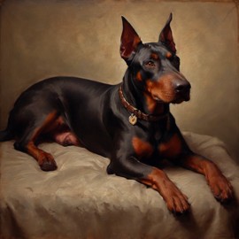 baroque oil painting of doberman pinscher with soft lighting in diego velazquez style, elegant and sophisticated.