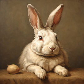 baroque oil painting of flemish giant rabbit with soft lighting in diego velazquez style, elegant and sophisticated.