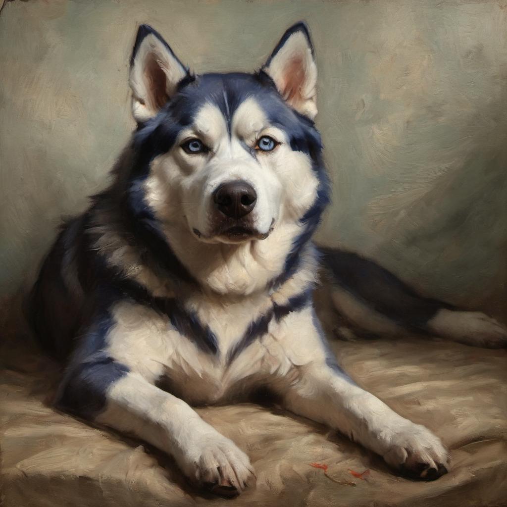 baroque oil painting of siberian husky with soft lighting in diego velazquez style, elegant and sophisticated.