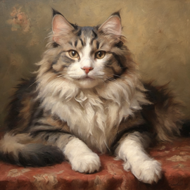 baroque oil painting of norwegian forest cat cat with soft lighting in diego velazquez style, elegant and sophisticated.