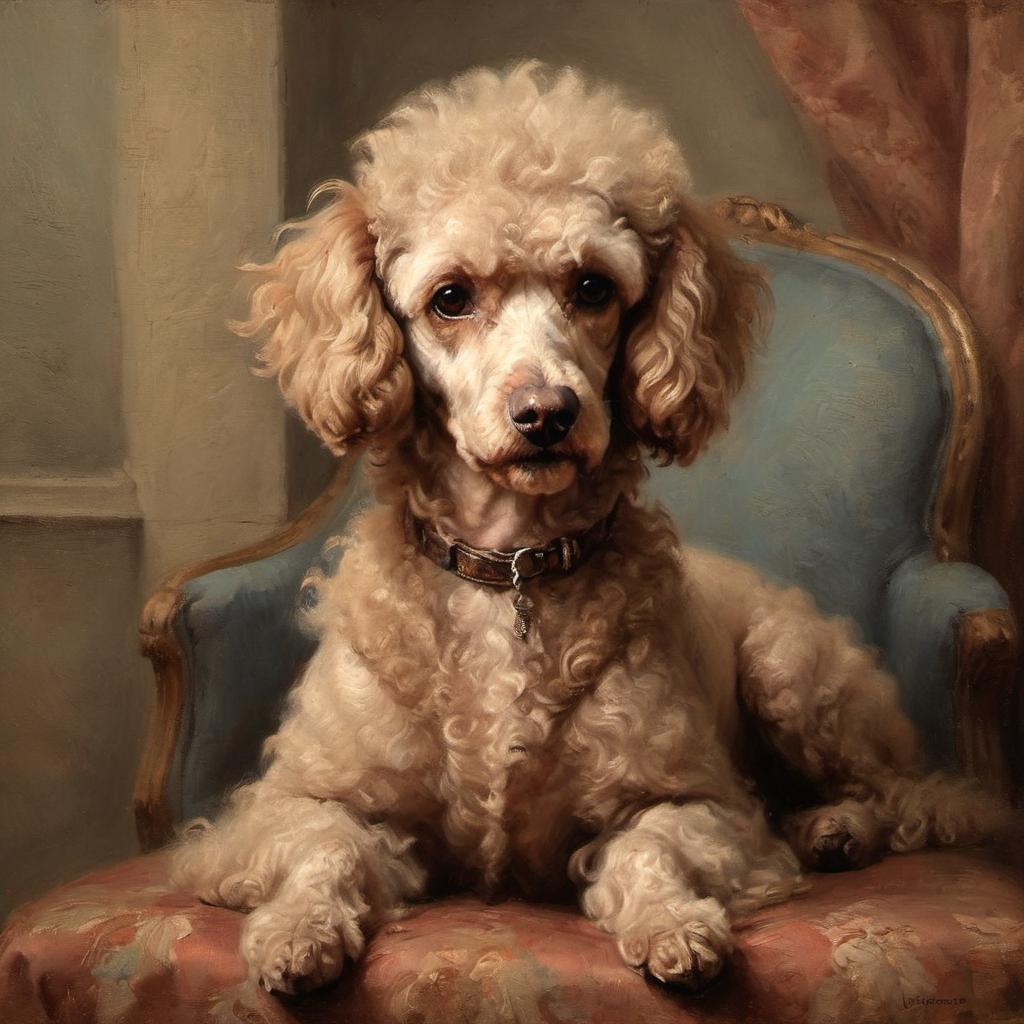 baroque oil painting of poodle with soft lighting in diego velazquez style, elegant and sophisticated.